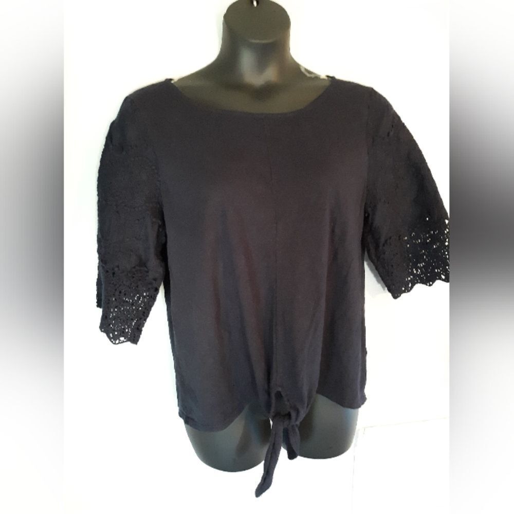 Talbots navy blue crochet sleeve front knot blouse